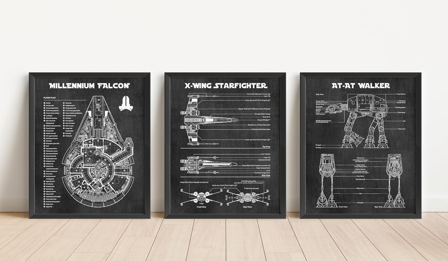 Star Wars Blueprints - Star Wars Poster, Starwars Wall Decor, Starwars Posters for Walls, Deathstar, Millennium Falcon, X Wing, Tie Fighter, AT-AT Gifts