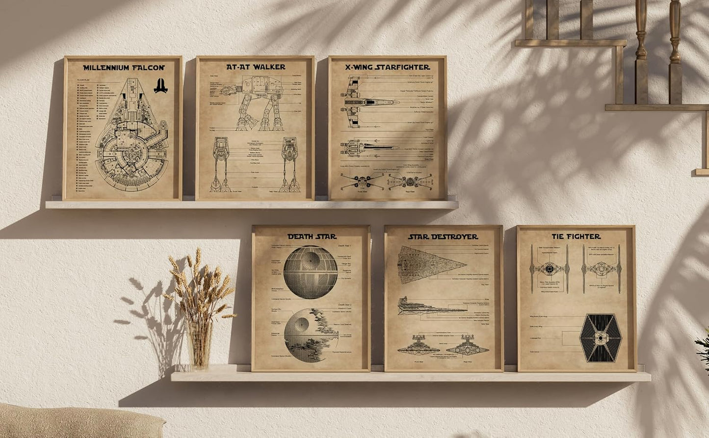 Star Wars Blueprints - Star Wars Poster, Starwars Wall Decor, Starwars Posters for Walls, Deathstar, Millennium Falcon, X Wing, Tie Fighter, AT-AT Gifts