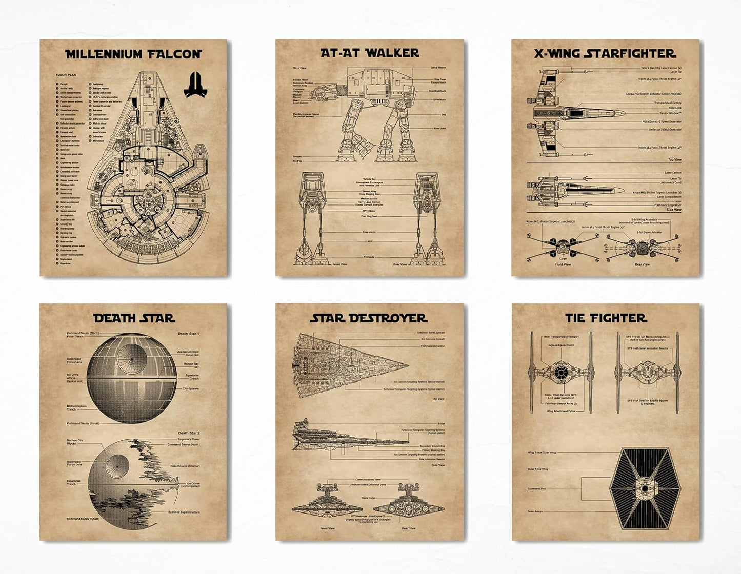 Star Wars Blueprints - Star Wars Poster, Starwars Wall Decor, Starwars Posters for Walls, Deathstar, Millennium Falcon, X Wing, Tie Fighter, AT-AT Gifts