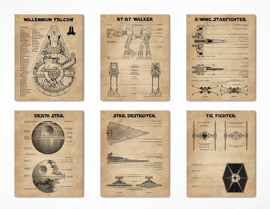 Star Wars Blueprints - Star Wars Poster, Starwars Wall Decor, Starwars Posters for Walls, Deathstar, Millennium Falcon, X Wing, Tie Fighter, AT-AT Gifts