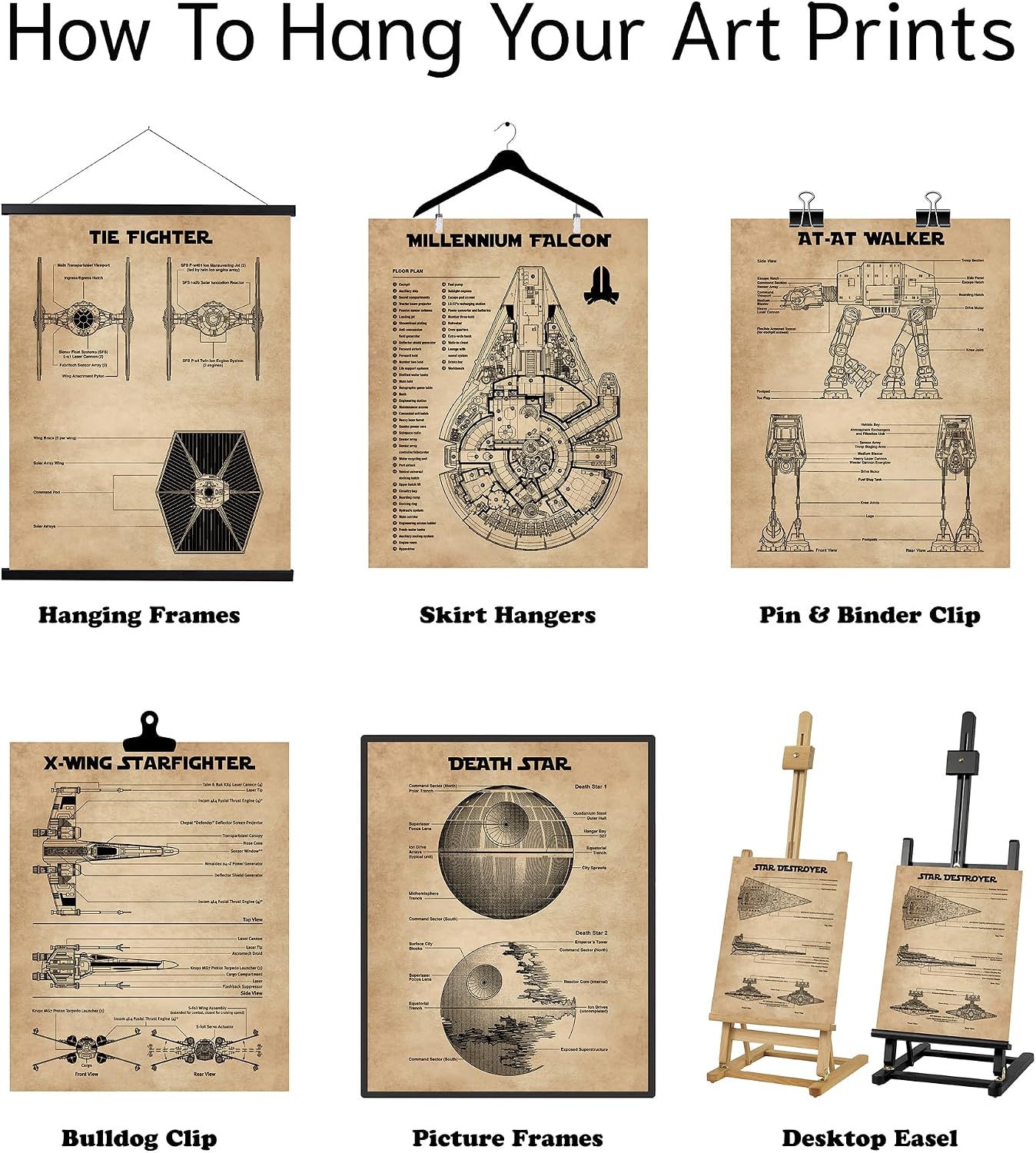 Star Wars Blueprints - Star Wars Poster, Starwars Wall Decor, Starwars Posters for Walls, Deathstar, Millennium Falcon, X Wing, Tie Fighter, AT-AT Gifts