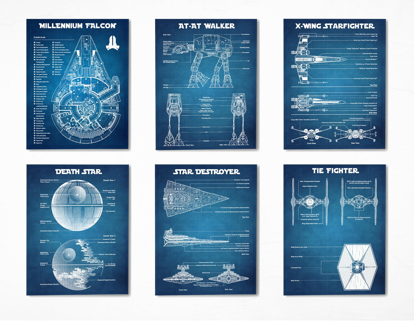 Star Wars Blueprints - Star Wars Poster, Starwars Wall Decor, Starwars Posters for Walls, Deathstar, Millennium Falcon, X Wing, Tie Fighter, AT-AT Gifts