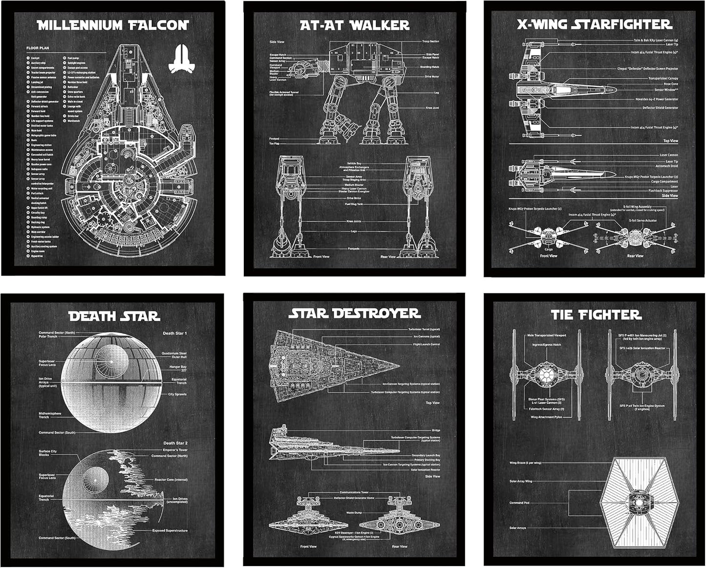Star Wars Blueprints - Star Wars Poster, Starwars Wall Decor, Starwars Posters for Walls, Deathstar, Millennium Falcon, X Wing, Tie Fighter, AT-AT Gifts