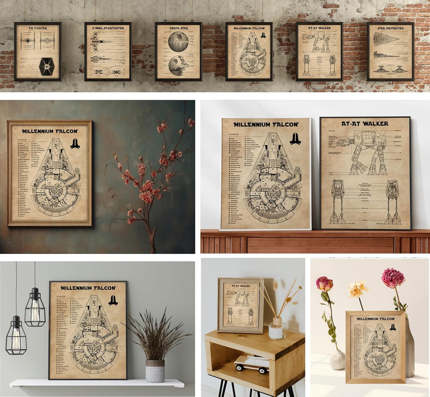 Star Wars Blueprints - Star Wars Poster, Starwars Wall Decor, Starwars Posters for Walls, Deathstar, Millennium Falcon, X Wing, Tie Fighter, AT-AT Gifts