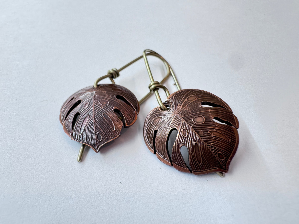 Handmade Copper Monstera Leaf Dangle Earrings Artisan Botanical Jewelry