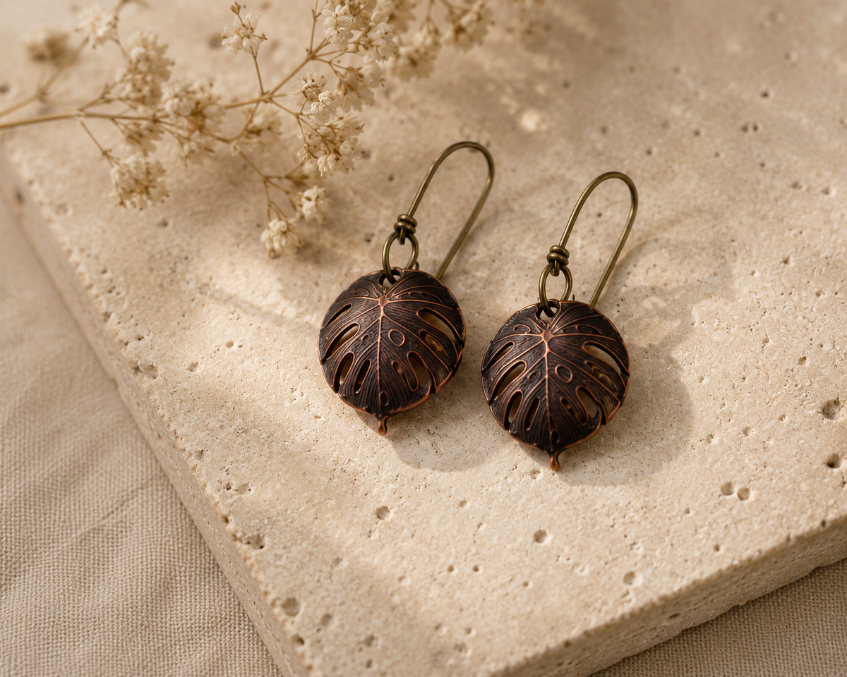 Handmade Copper Monstera Leaf Dangle Earrings Artisan Botanical Jewelry