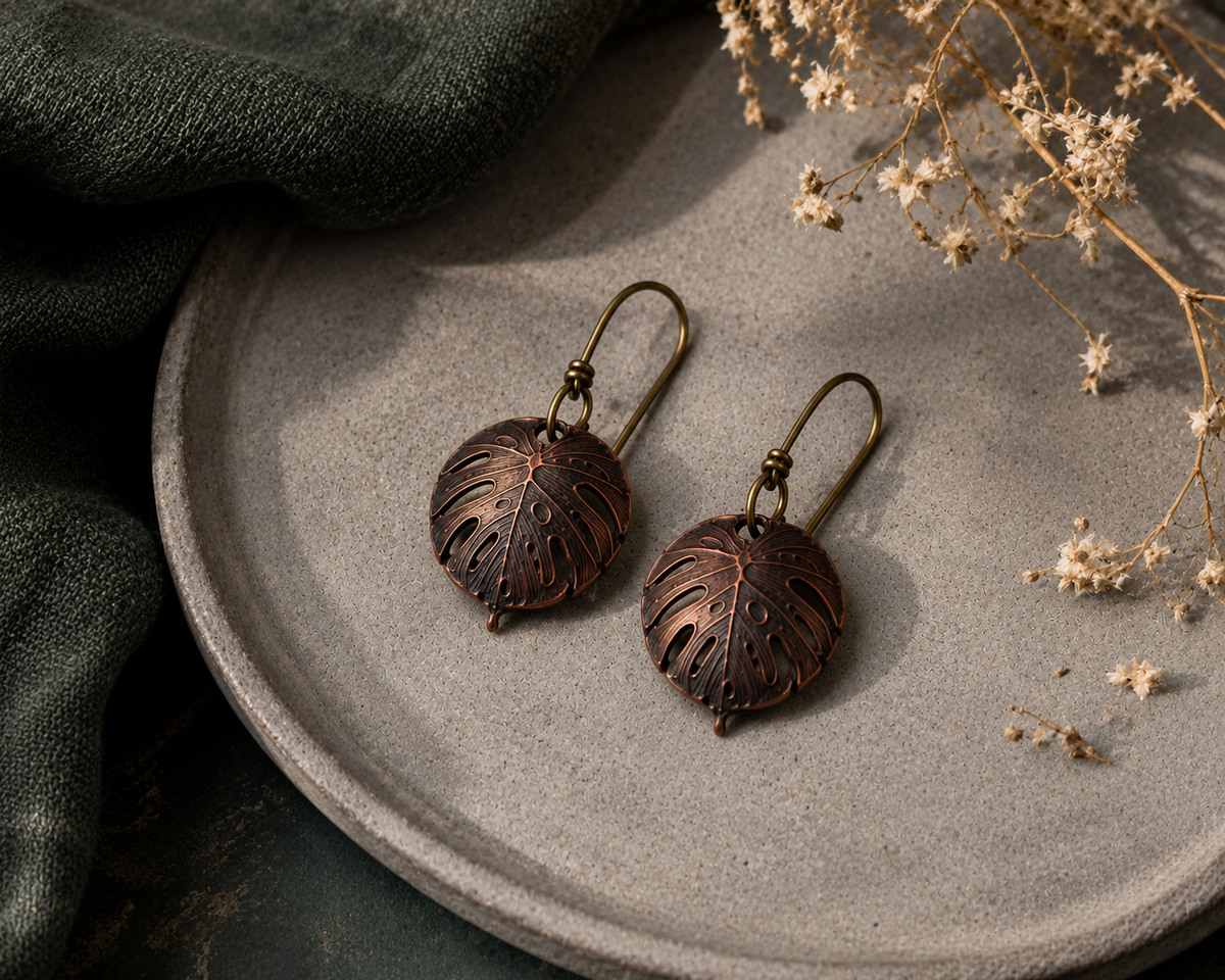 Handmade Copper Monstera Leaf Dangle Earrings Artisan Botanical Jewelry