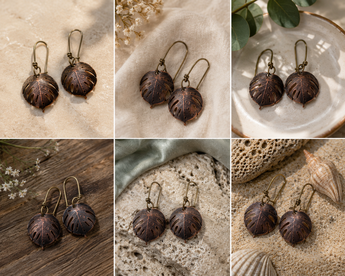 Handmade Copper Monstera Leaf Dangle Earrings Artisan Botanical Jewelry