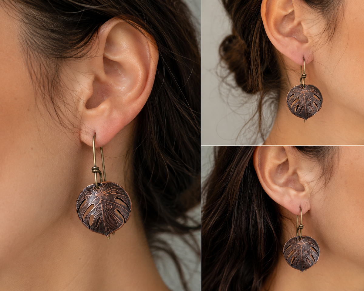Handmade Copper Monstera Leaf Dangle Earrings Artisan Botanical Jewelry